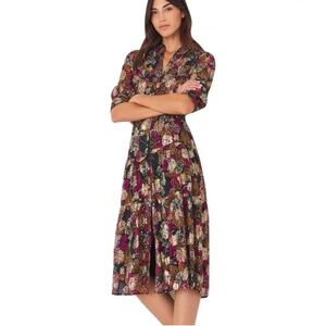 ba&sh Love Metallic Floral Print Midi Belted Dress $495 Sz XS